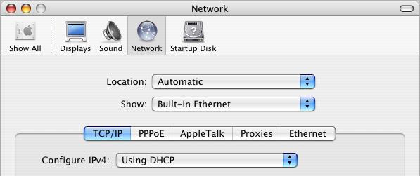 b If you enabled a DHCP server when you set up the base station s network, and the client computer is using Ethernet, choose Built-in Ethernet from the Show pop-up menu and Using DHCP from the