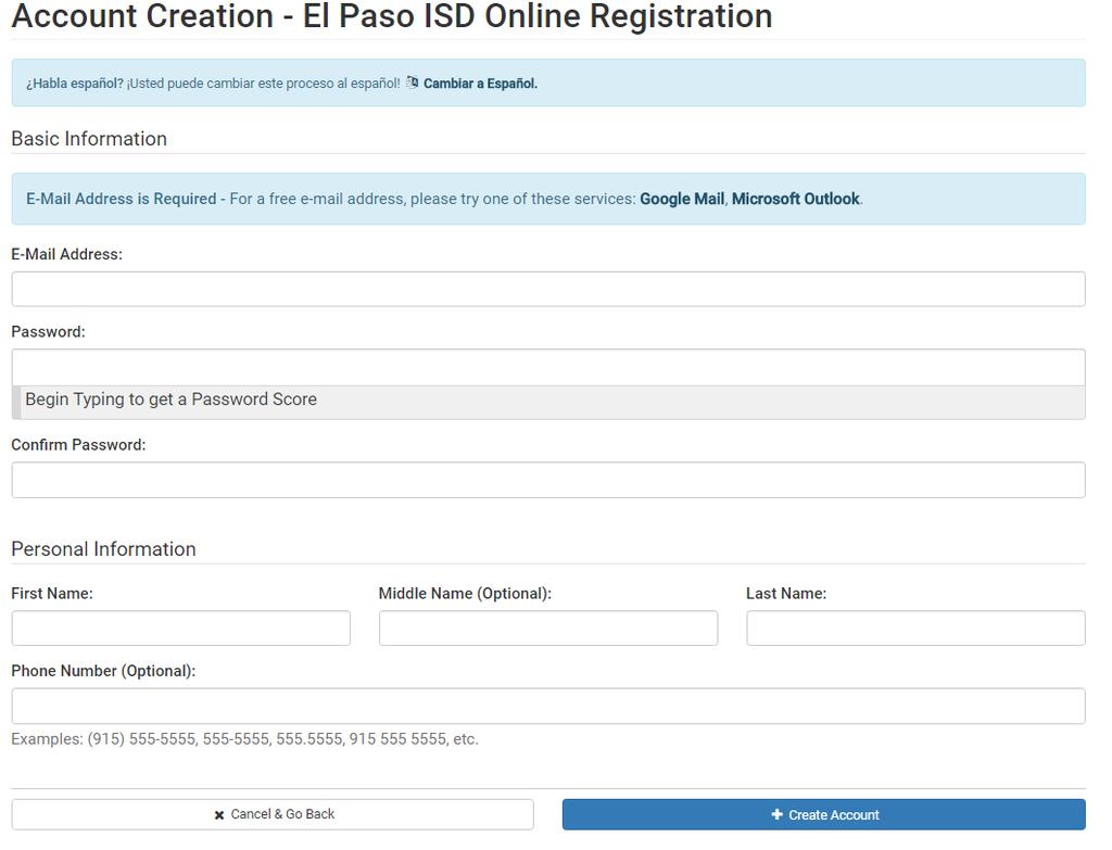 Fill in the Account Creation form with an accessible e-mail address and a strong
