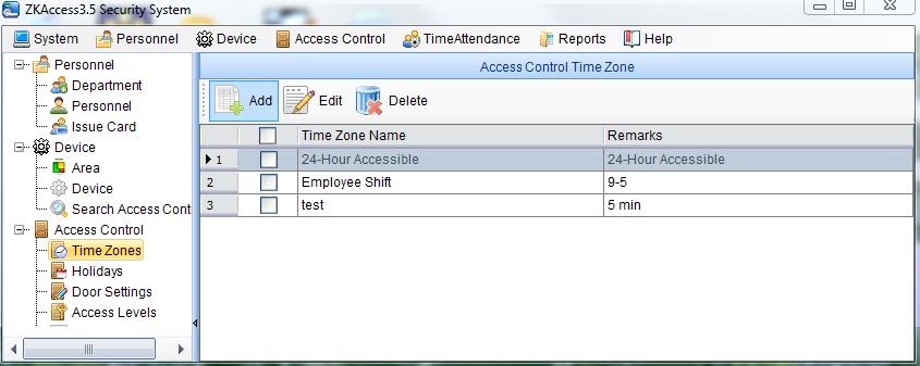 . Click Access levels > Add to enter Add access levels edit interface;. Input a Time Zone Name.