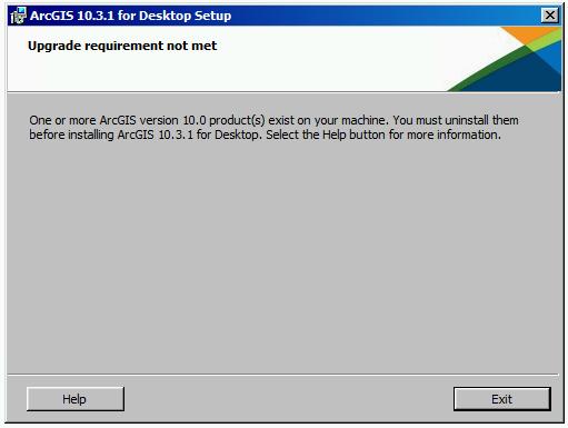 ArcGIS 10.0 and Prior Users You must uninstall all ArcGIS products prior to 10.1 and any third-party extensions or tools from your machine before proceeding with 10.3.1 setup installation.