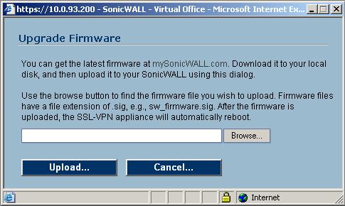 Uploading a New SonicWALL SSL VPN Image Note: SonicWALL SSL VPN appliances do not support downgrading an image and using the configuration settings file from a higher version.