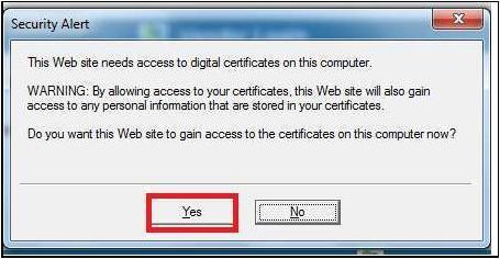 Step 6> since e-tendering portal access local computer for digital signature verification a security alert message is displayed by browser.