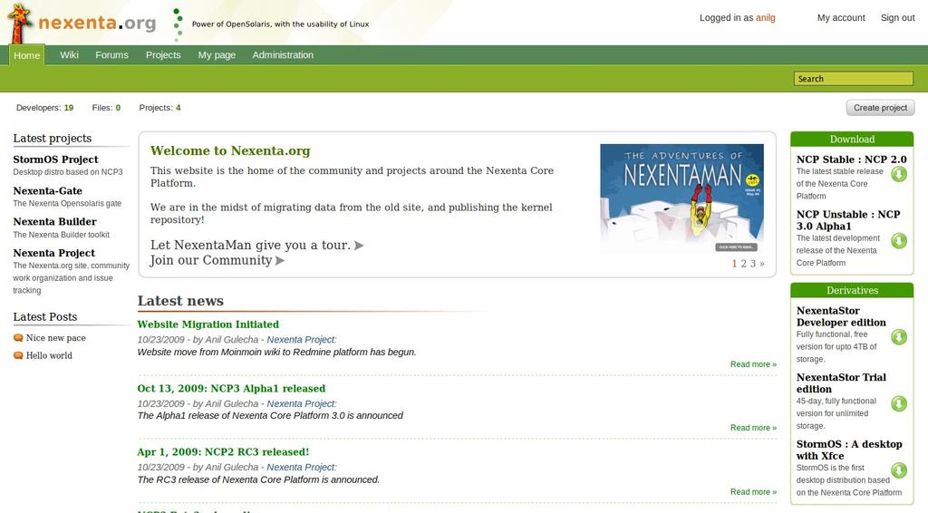 Nexenta.org The hub of all NCP activities Setup as a forge environment Uses Redmine. Users can setup projects. Get access to wiki, repository.