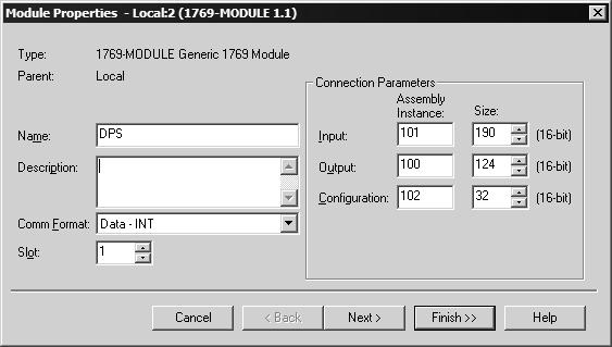 Configuration and Start-Up PS69-DPS CompactLogix or MicroLogix Platform 2.1.2 Module Properties 1 The communications parameters for the module should be set as shown in the dialog below.