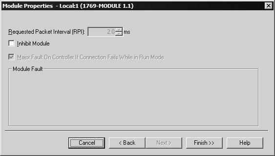 PS69-DPS CompactLogix or MicroLogix Platform Configuration and Start-Up 2.1.3 Module Properties 2 The Requested Packet Interval RPI is shown in the following dialog box.
