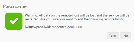For example, the node address would look like: lwl-prou03.lwldemocenter.local:8000. 6. Confirm the addition of the second node to the service. 7. Please wait while the second node is added. 8.