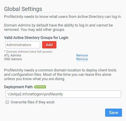 The Deployment Path can also be specified in the global settings when you login to the ProfileUnity Management Console for the first time: The Deployment Path is again displayed as the last step in