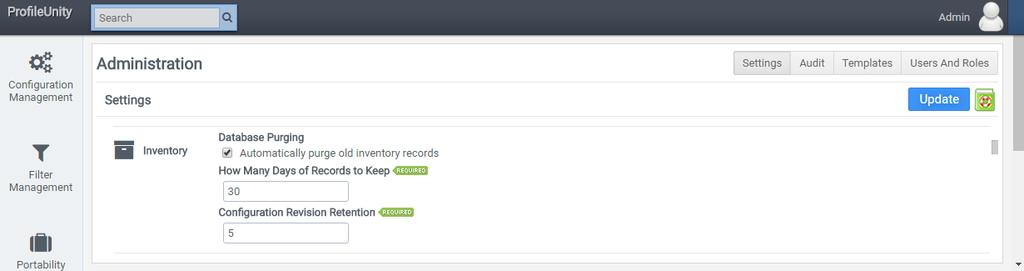 Inventory Database Purging: Check Automatically purge old inventory records if you want ProfileUnity to periodically check for old records that can be deleted.