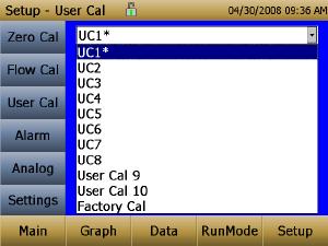 User Cal User Cal allows the user to store and use 10 different calibration factors. The currently active user calibration is highlighted with an asterisk *.