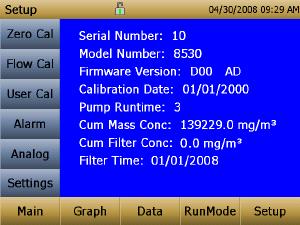 c. Touch the Cum Filter Conc: (live key) to reset the aerosol mass. Touch d. Replace user serviceable filters? Dialog will appear. Press OK. e. Reset filter concentration? Dialog will appear. Press Yes to reset the cumulative filter concentration to zero.