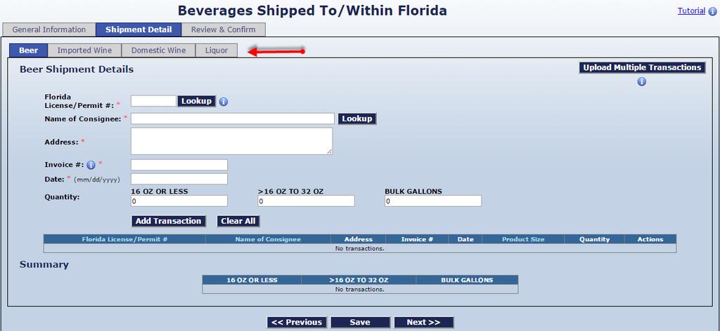 Shipment Detail The Beverages Shipped To/Within Florida report provides sub tabs under the primary Shipment Detail tab