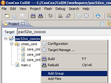 The example below uses the default project directory C:\CooCox\CoIDE\workspace\pac52xx_coocox and installs the PAC52xx