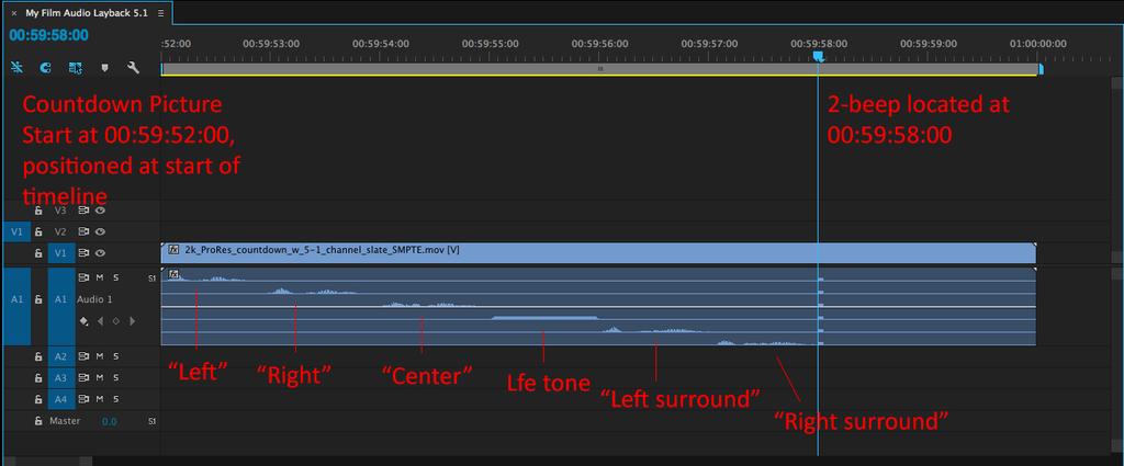 Import the file 2k_ProRes_countdown_w_5-1_channel_slate_SMPTE.mov and place it at the start of the timeline. Check that the 2- beep occurs at 00:59:58:00.