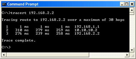 Traceroute to 192.168.2.2 (CPU 2) from 192.168.1.2 (CPU1).