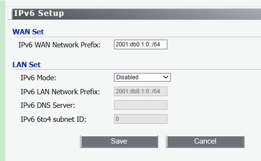 7.1.3 IPV6 WAN Set IPv6 WAN Network Prefix Sets the IPv6 Network Prefix for WAN.