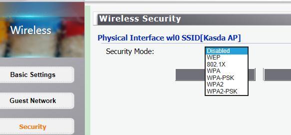 7.2.3 Security You can select one of the following security options: Disabled The wireless security function can be enabled or disabled.