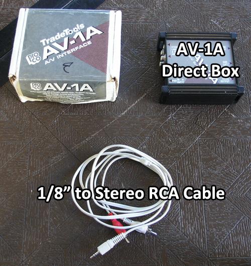 P age 9 of 14 Topic 9: Setup of Laptop Audio In order to connect your laptop s headphone jack to the audio system, you will need the following: AV-1A direct box (kept in drawer of Media Cabinet) 1/8