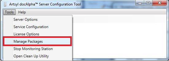 1.2. In the main window of docalpha Server Configuration Tool click onto the tools button: 1.3. Choose Manage Packages from the drop-down list: 1.4.