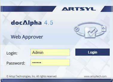 Now, to access Approver open http://localhost:8051 in local internet browser and login as user Admin with password Artsyl: 6.
