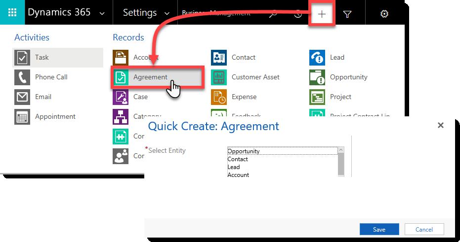 Quick Create Agreements from the New (+) menu If you know the Entity type that a template is built around, you can launch a new Agreement from the New menu: Click the New (+) icon in the top ribbon