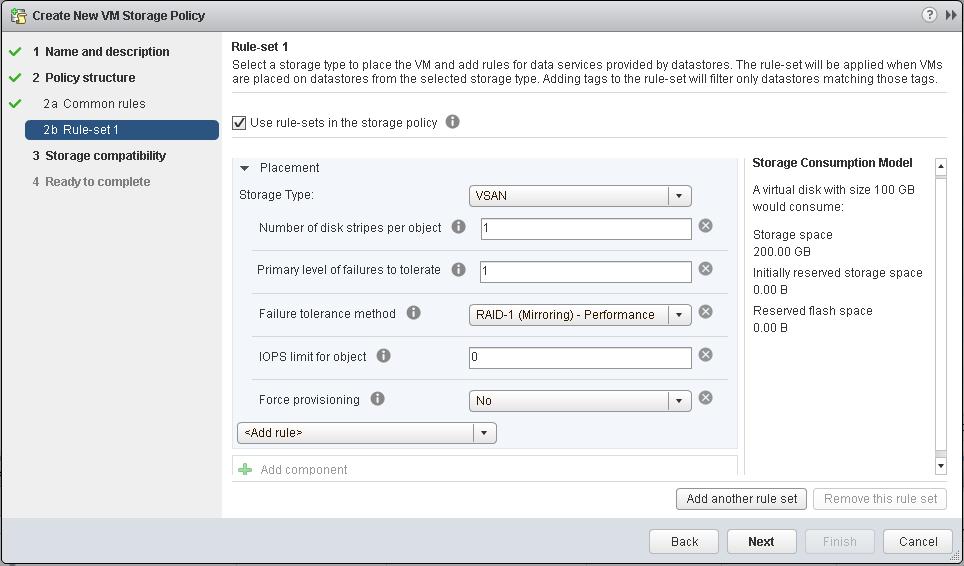 Define a Storage Policy for vsan Using the vsphere Web Client You can create a storage policy that defines storage requirements for a VM and its virtual disks.