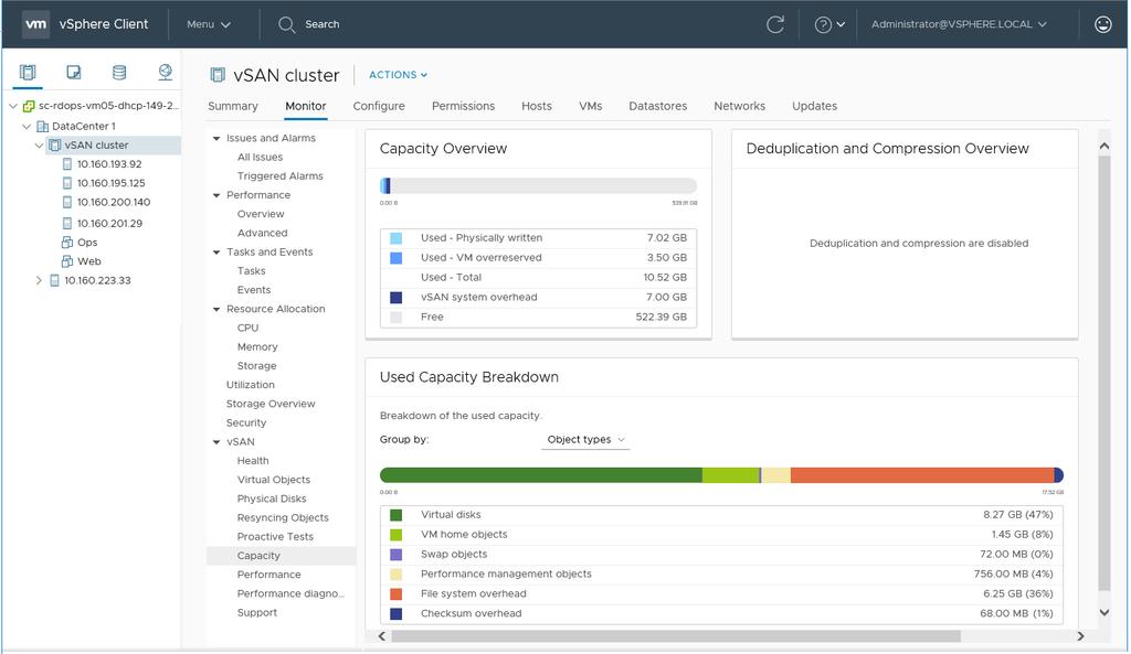 1 Navigate to the vsan cluster. 2 Click the Monitor tab. Option vsphere Client Description Under vsan, click Capacity to view vsan capacity information. vsphere Web Client a Click vsan.
