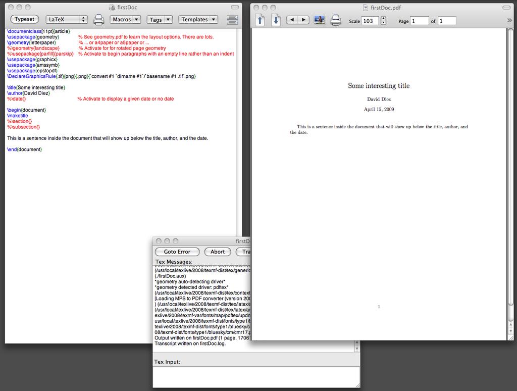 Compiling Hit command-t or go to Typeset > Typeset. After compiling, double-click on the PDF page to magnify.