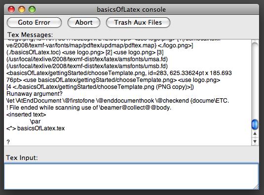 Console When the code was compiled, two windows popped up. The console tells you what LaTeX is doing when it reads (compiles) the document.