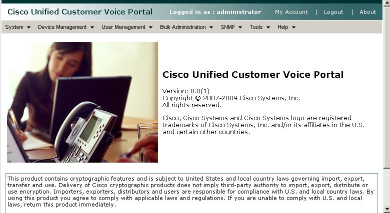 The Cisco Unified Customer Voice Portal (Operations Console) window displays.