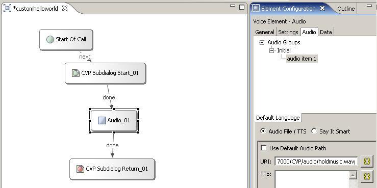 Chapter 7: Add a Custom Voice Application Created with Call Studio Exercise Prerequisites Figure 43: Call Studio - Creating customhelloworld Call Flow - Audio Element (Alternate) e.