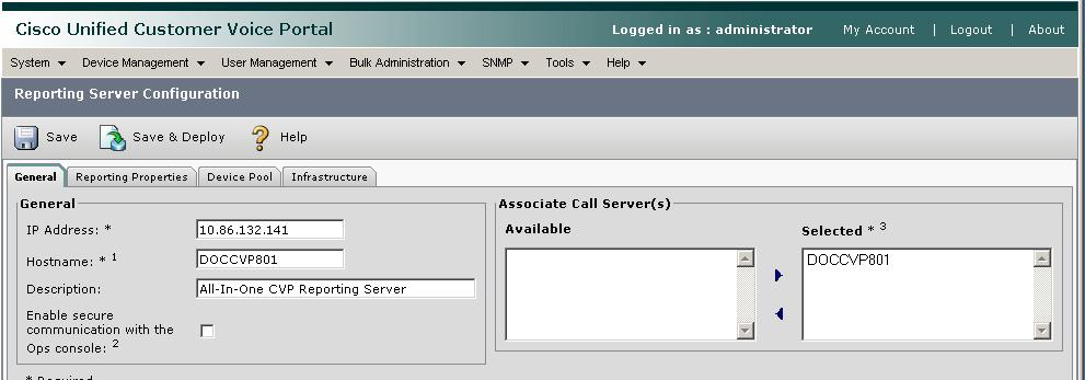 Unified CVP VXML Server with Reporting Chapter 8: Unified CVP VXML Server Standalone Call Flow Model Exercise (with Reporting) Step 5 Associate the CVP call server to the reporting server by
