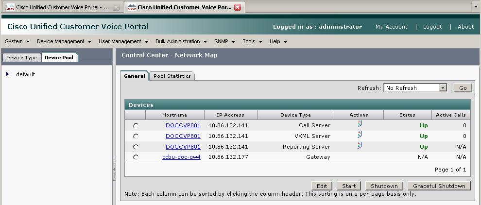 Chapter 8: Unified CVP VXML Server Standalone Call Flow Model Exercise (with Reporting) Unified CVP VXML Server with Reporting Figure 47: CVP Operations Console - Control Center - Network Map Note: