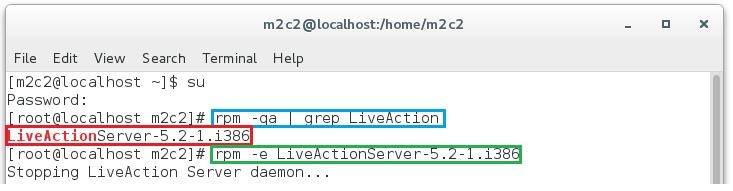 Step 3 Uninstall the previous Server installation by opening a Terminal and logging in as root. To uninstall, type rpm -qa grep LiveAction to return the package name.