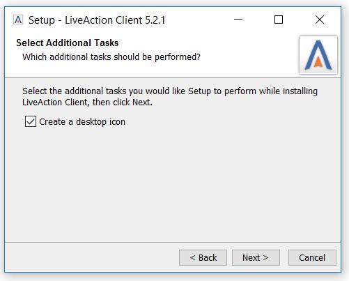 Step 5 Click Next on the Client setup, Select Additional Tasks window to accept the creation of a desktop icon.