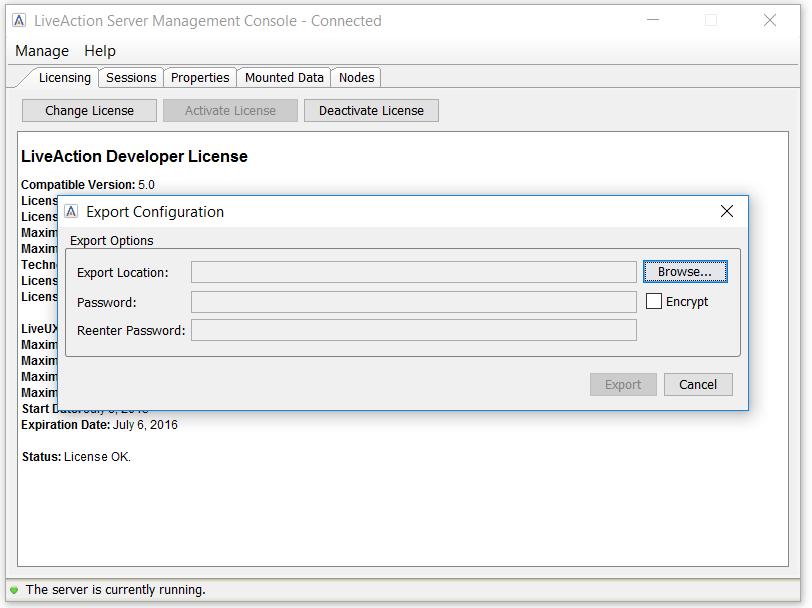 Step 4 The Export Configuration window will pop up. Click Browse to specify a location for your LiveNX configuration file.