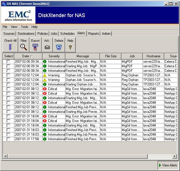 Overview of DiskXtender for NAS Alerts and logs The DX-NAS GUI provides the status of jobs on the Alerts tab as shown in Figure 7 on page 22.