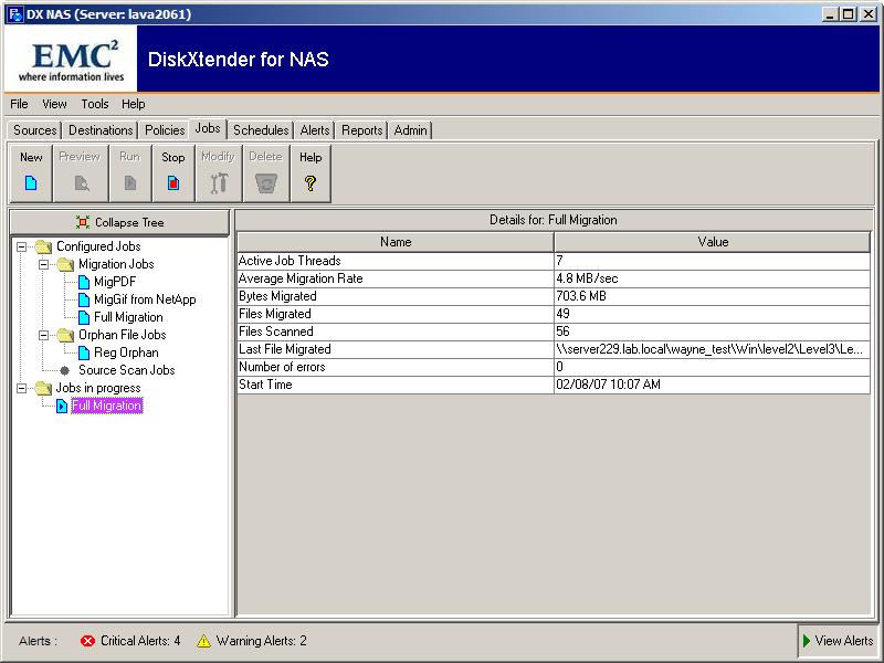Managing the DX-NAS system Monitoring the progress of a running job After you start using DX-NAS to migrate jobs, you can monitor the status of jobs, or the status of resources that these jobs are