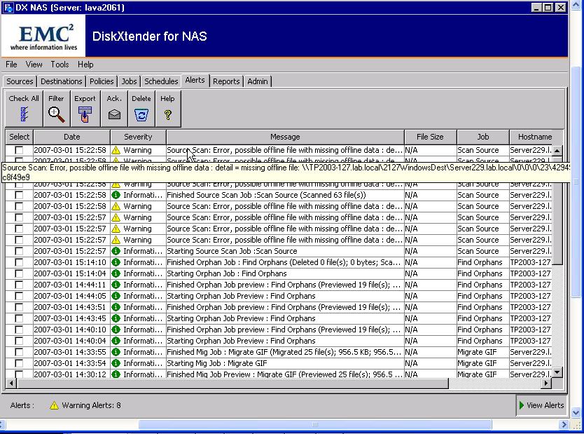 Managing the DX-NAS system Source stubs that are missing a valid secondary storage file are reported on the Alerts tab as errors as shown in Figure 34 on page 93.