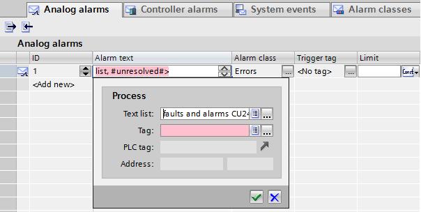 The elements/entries are displayed within the alarm text. 9. Select the text list created in chapter 5.