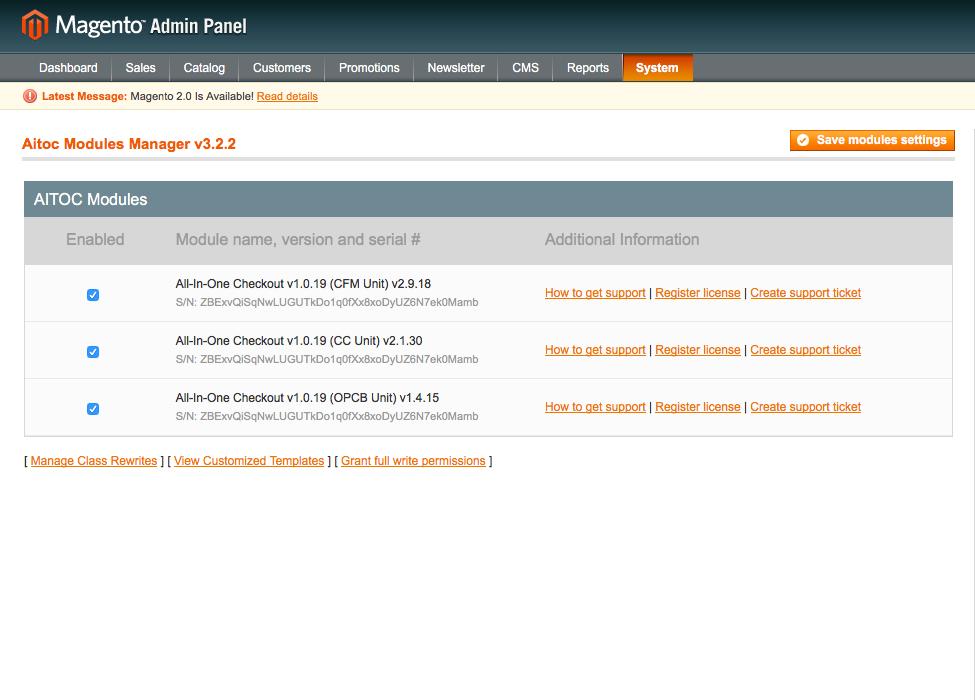 2. Enabling All-In-One Checkout in Magento In System > Manage Modules, check All-In-One Checkout (all