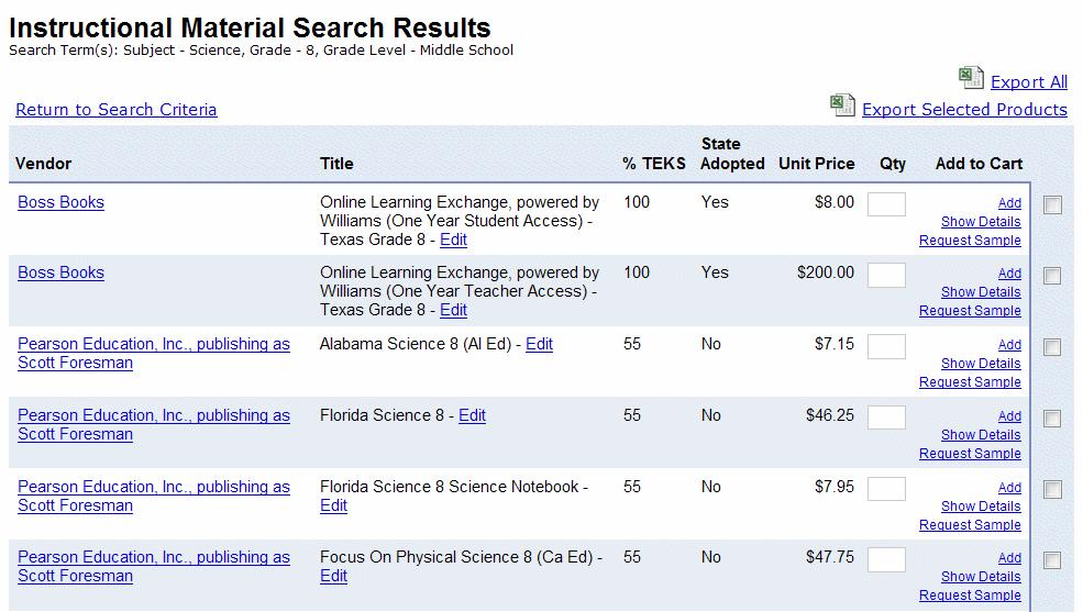 Working with search results Searching brings up a list of results matching the criteria specified.