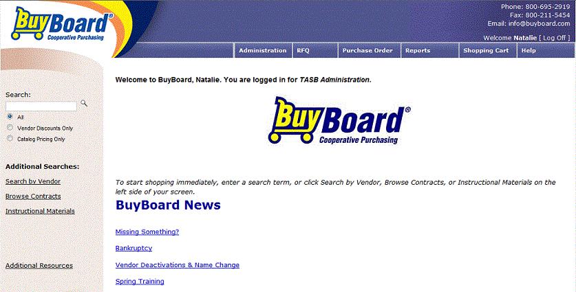 Using the BuyBoard V.5 The first screen that opens after logging in is the BuyBoard News page, an overview of new contracts and other helpful information regarding the BuyBoard.