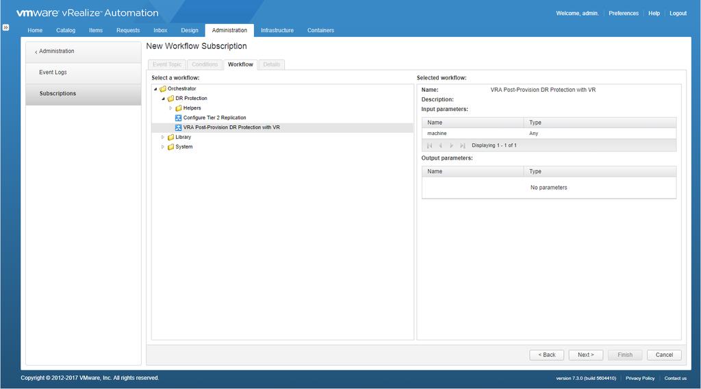 Workflow Selection in vrealize