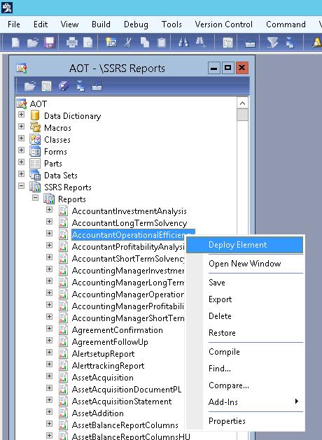 Deploy all AX 2012 report There're 3 different ways to deploy Dynamics AX 2012 reports: Through AOT AOT > SSRS Reports > Reports > right click on report > Deploy Element Through Visual Studio Open