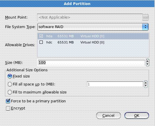 Installing Parallels Server 4.0 for Mac Bare Metal Edition 34 2 Make sure the Create a software RAID partition radio button is selected, and click OK. The Add Partition dialog appears.