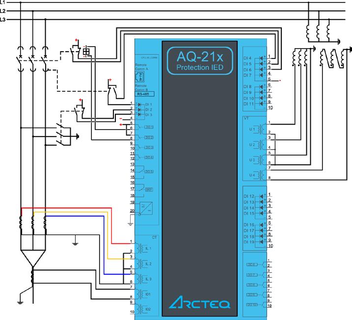Typical wiring diagram AQ 200 series IED typical wiring diagram illustrated with 3 phase and residual current measurement