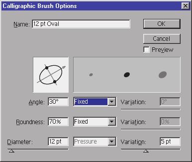 To change any or all of these settings, double-click the brush style that you want to change on the Brushes palette. The Brush Options dialog box opens.