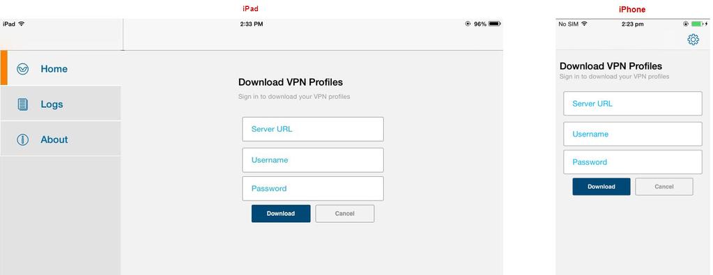 Figure 69 Download VPN Profiles Screen on ipad and iphone 3. Enter the following details: a. Server URL: URL obtained from the system administrator. b. Username: Domain username. c.