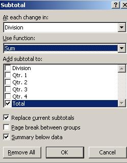 SUBTOTALS You can automatically calculate subtotals and grand totals DATA tab >OUTLINE group > SUBTOTAL button
