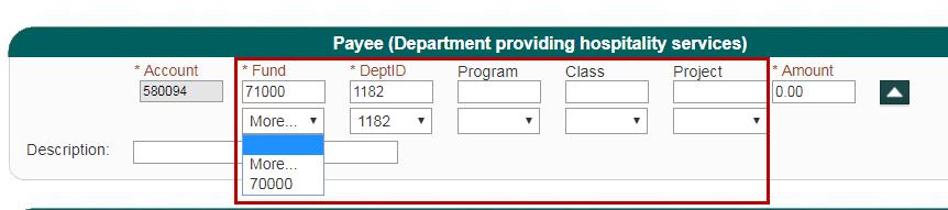 4. Type in or select values from the preference list (dropdown menu) for required chartfield codes: Account: Defaults to 580094 which represents Cost Recovery-Other. This field cannot be changed.